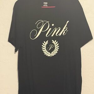PINK Victoria's Secret Black Tee with Cream Script Logo - Men's